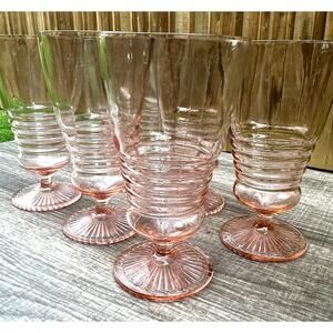 1930's-40's Vintage Pink Depression Glass Footed Soda Fountain Tumblers Set of 5